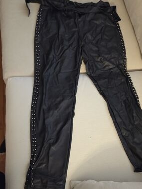 Black Faux Leather Studded Side-Strip Pants Leghings With Belt